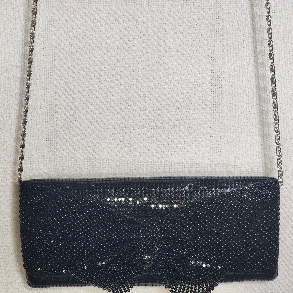 Sparkling Black Sequin Bow and Chain Mail Dress Clutch Bag Silver Shoulder Strap - Picture 7 of 16